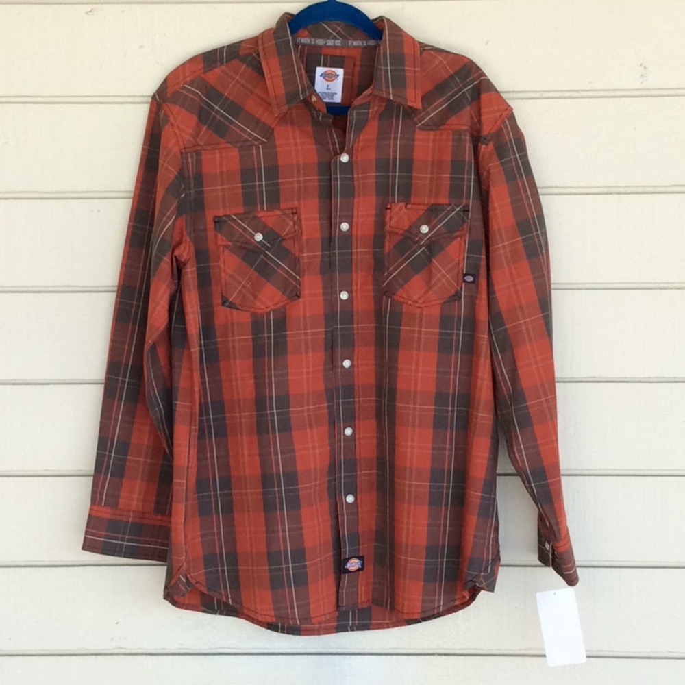 Mens Dickies Plaid Western Long Sleeve Shirt Large